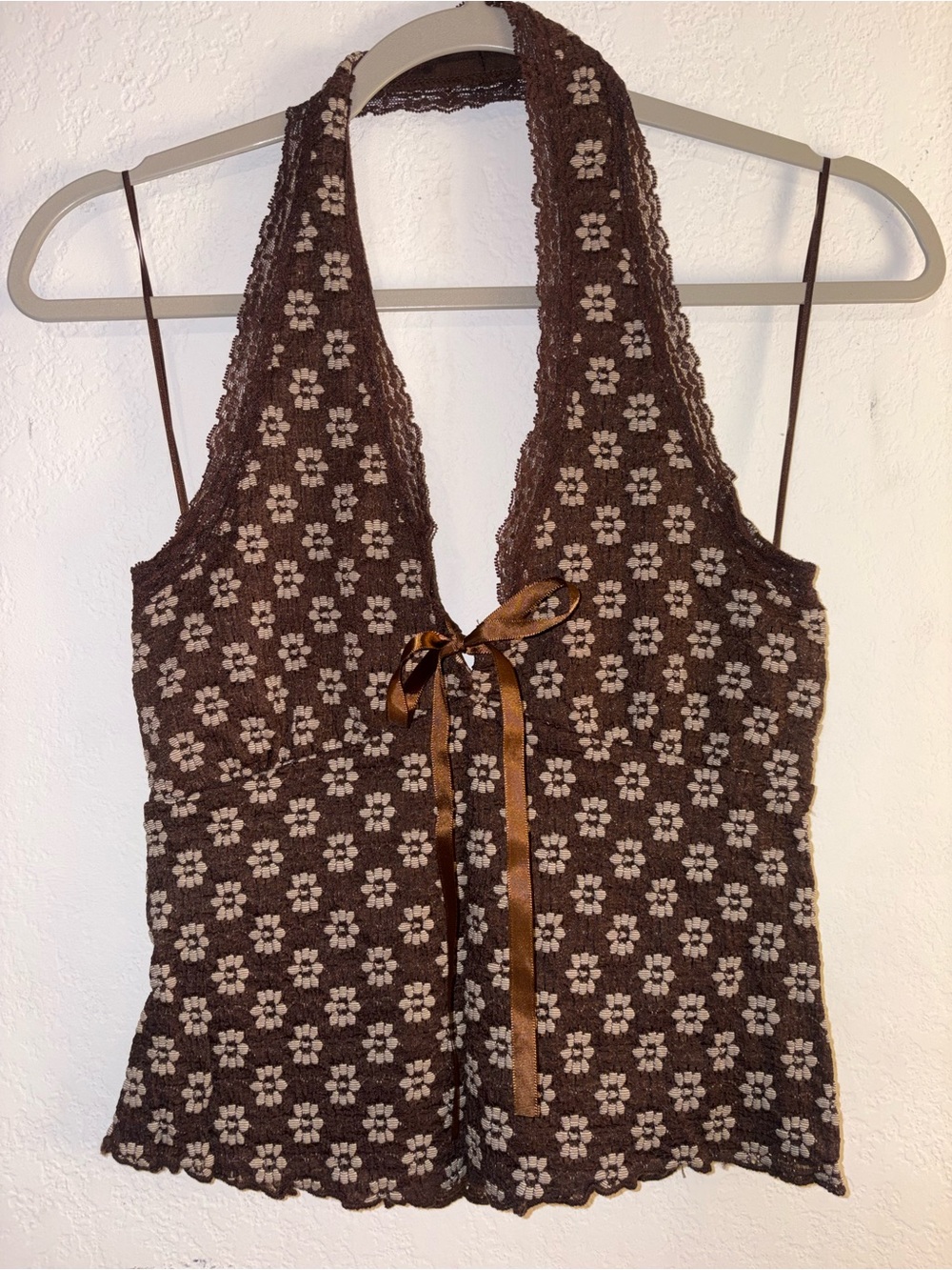 Brown Floral Crochet Halter Top - Brand Unspecified